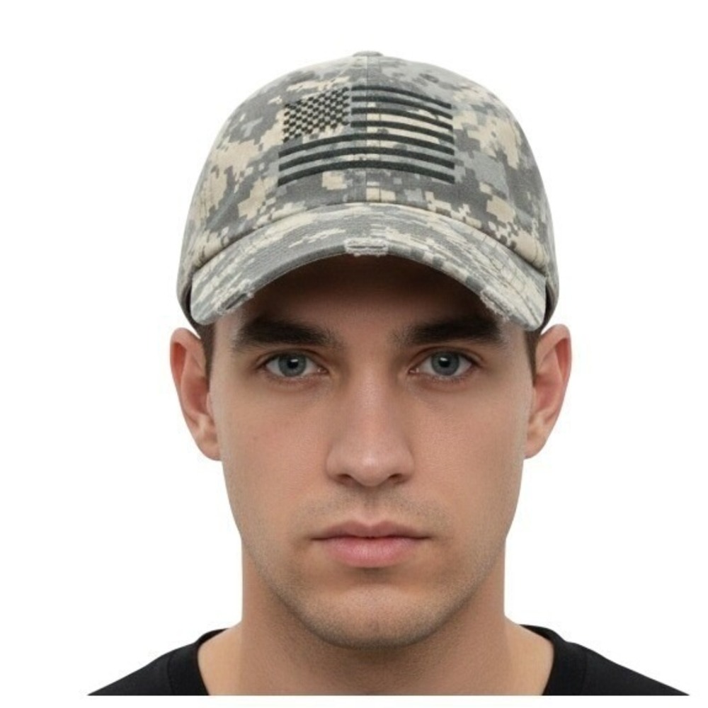 Dorfman Pacific Hat Cap Strap Back Gray Camo US Flag Embroidered Mens Distressed